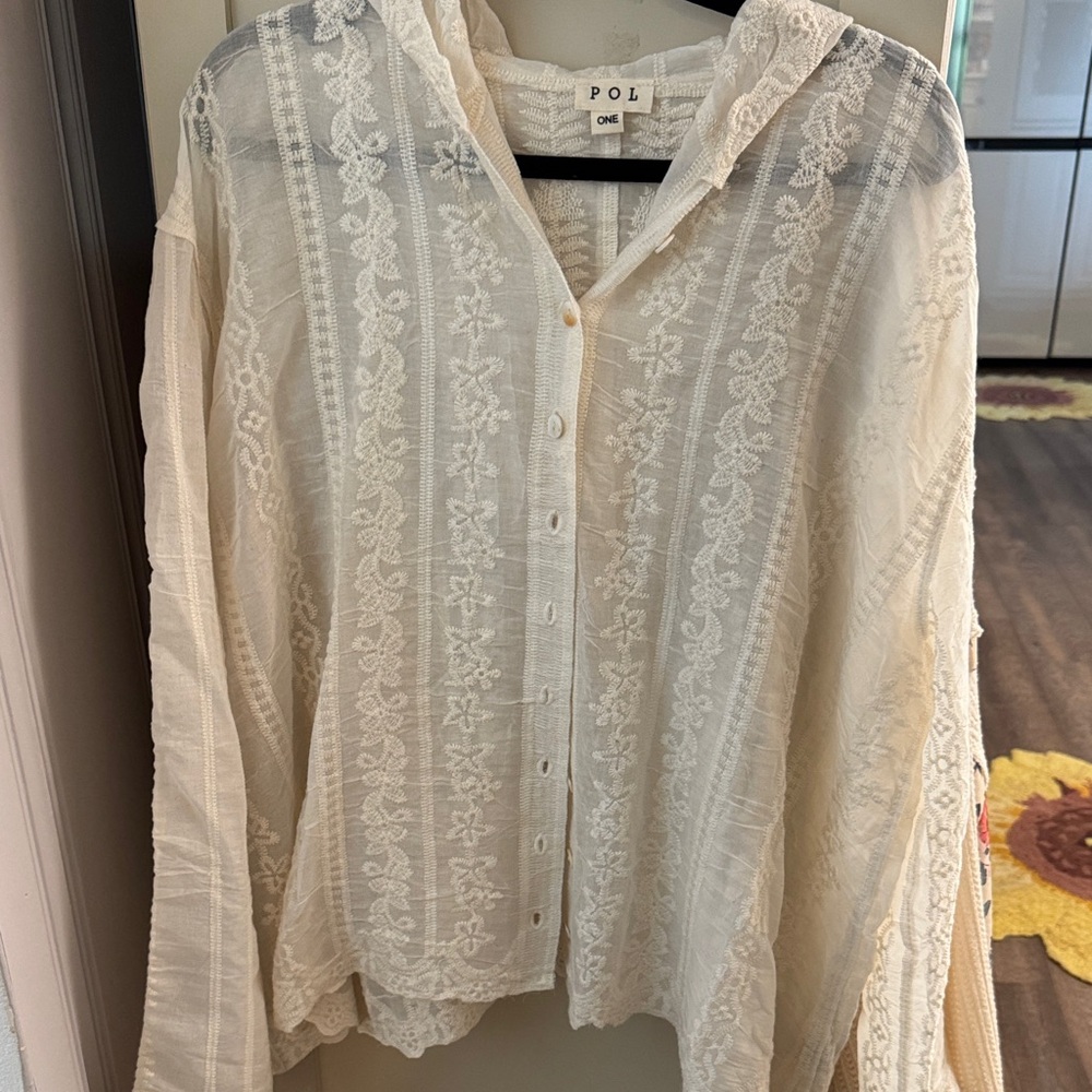 POL Cream Openwork Lace Button-Down Hooded Top